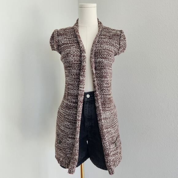 Y2K Mudd Knit Cap Sleeve Brown Longline Open Cardigan with Stud Pocket S - Picture 1 of 12